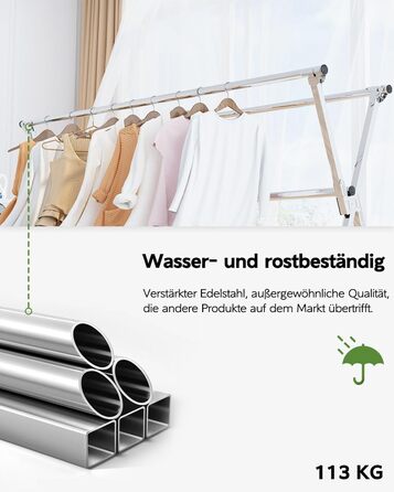 Стійка для сушіння білизни 200 см, складна, для дому та вулиці, нержавіюча сталь, 20 гачків, 12 кліпс, 3 перекладини