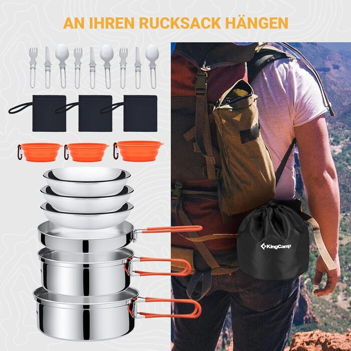 Набір посуду для кемпінгу KingCamp на 2-4 особи: нержавіюча сталь, складане приладдя, ультралегкий набір каструль та сковорідок для кемпінгу