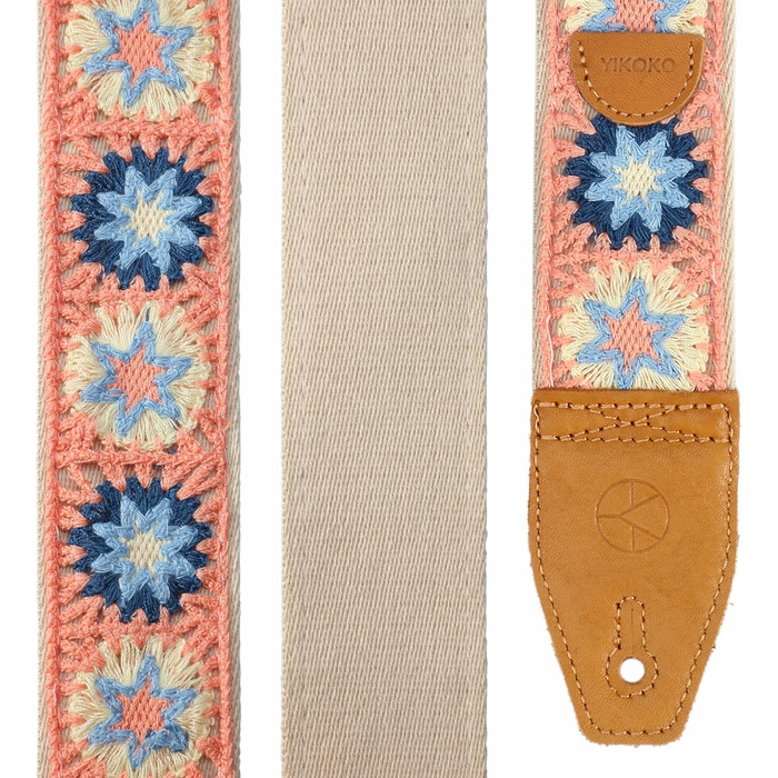 Гітарний ремінь 5,1 см з бавовняного друку, квітковий принт, з повним шкіряним кінцем, для бас-гітари, електрогітари та акустичної гітари, безкоштовна кнопка для ремінця, фіксатори ремінця та медіатори. Жовті ромашки (Рожеві ромашки)