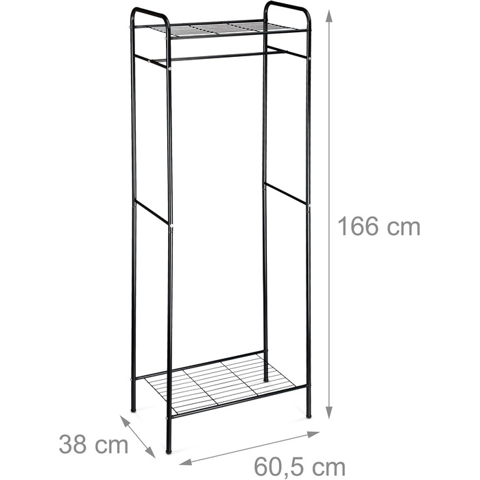 Relaxdays Clothes Rack with Shelf SANDRA, Metal, Coat Rack, with Clothes Rail, Shoe Storage also for Boots, HBT: 166 x 60.5 x 38 cm, honey-brown, (Black)