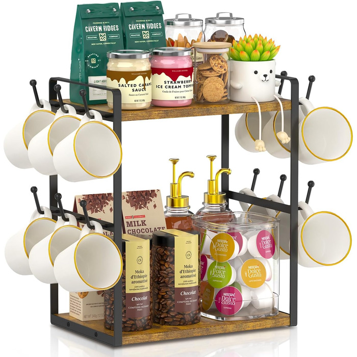 EsLuker.ly 2-Tier Mug Holder and Cup Stand, Mug Rack for Coffee Cups, Coffee Organizer for Countertop, Coffee Station Organizer with Mug Holder, Vintage Brown-Black