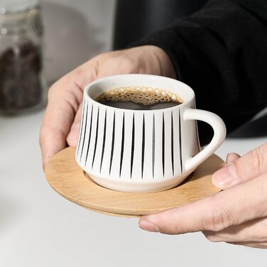 Набір керамічних чашок та підставок для кави з металевим стійкою (6 шт.), 130 мл, чорний, для капучіно, еспресо, лате, американо, чаю