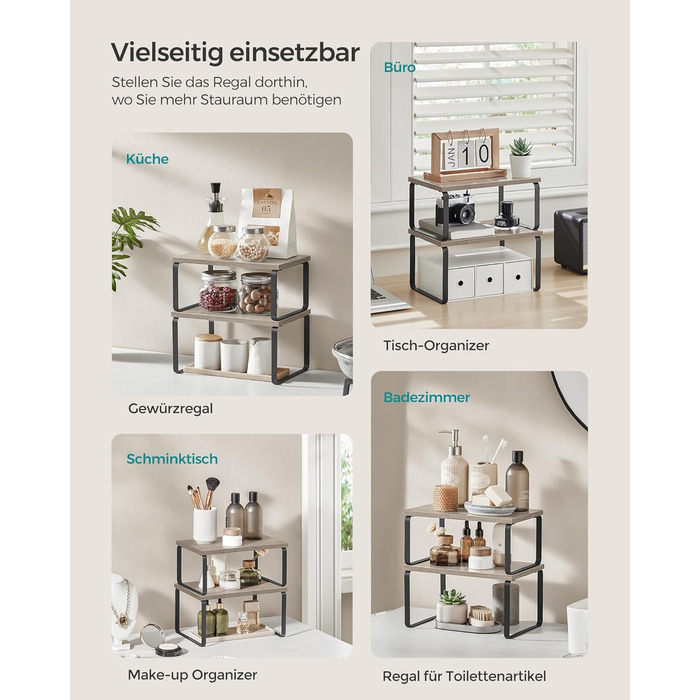 SONGMICS Spice Rack, 4-Piece Set, Kitchen Shelf, Kitchen Organizer, Expandable, Spice Holder, Stackable, with Metal Frame, 19.5 x 29.7 x 15.8 cm, Ink Black-Natural Beige KCS10NB (Ink Black + Greige Melange, 29.7B cm)