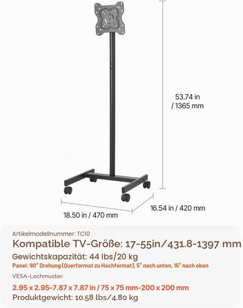 Стійка під телевізор VEVOR мобільна на колесах, 1510-1696 мм, VESA 100x100/400x600 мм, до 59.8 кг, для телевізорів 17-55 дюймів