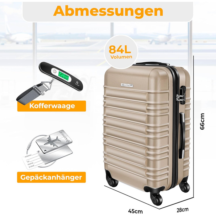 Чемодан KESSER® середній, жорсткий корпус, вага + бірка для багажу | Валіза-роликовий чемодан з кодовим замком, 4 колеса, ABS, телескопічна ручка (66x45x28см / 84 літри, шампань) 66см - 84Л шампань
