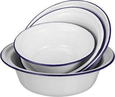 BESTonZON 4-Piece Enamel Soup Bowls, Enamel Basin, Enamel Bowl, Grease Pot with Lid, Enamel Mixing Bowl, Enamel Dishware, Four Sizes, Salad Bowl, Ramen Bowl