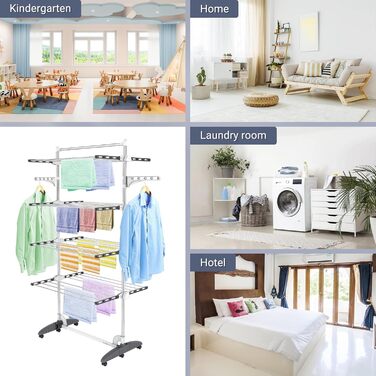 Турбо сушарка для білизни Todeco з нержавіючої сталі, 4 яруси, мобільна, сіра