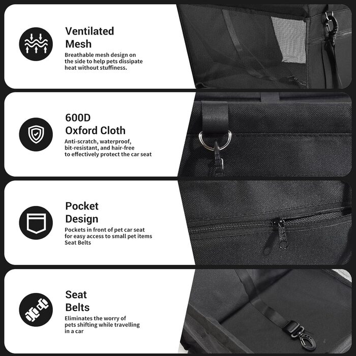 Автомобільний лежак для собак на заднє сидіння, чорний, з дихаючого матеріалу Oxford, миючий, для маленьких та середніх собак