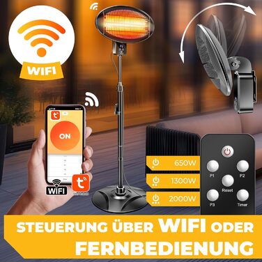 Інфрачервовий обігрівач KESSER® 2000W з Wi-Fi та пультом дистанційного керування, 360° обертання, регулювання висоти, підставка та настінний монтаж, захист від перекидання, IPX4 вологозахист для тераси, балкону та саду