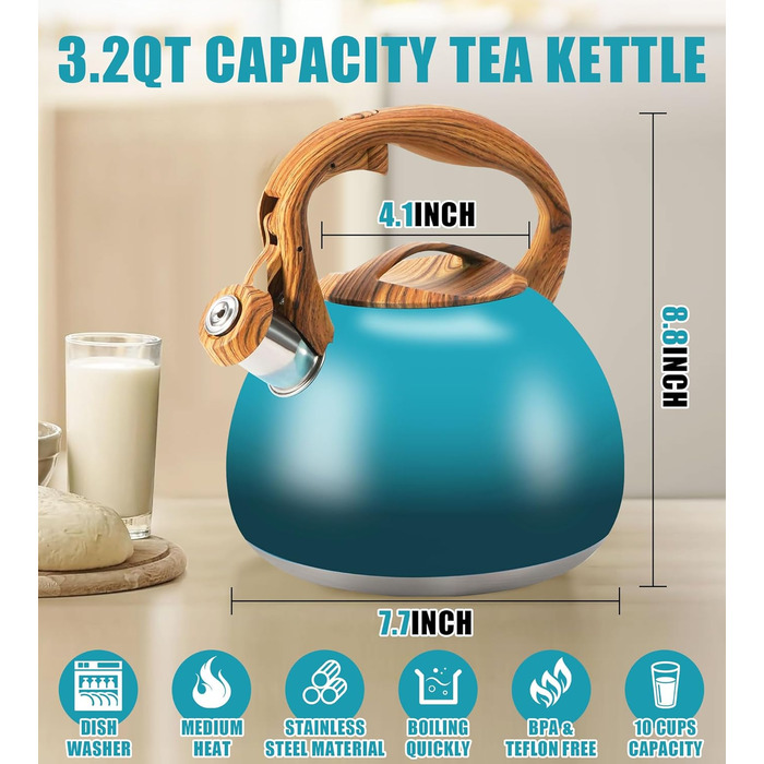 Чайник-свисток Foedo 3.2 л з нержавіючої сталі з дерев'яною текстурою, 3.2 л, для чаю, кави та молока, класичний дизайн, червоний (градієнт темно-зеленого кольору)