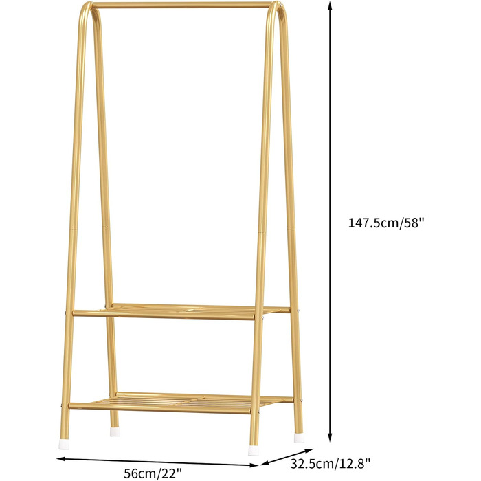 Robust metal clothes rack with double shelves for hanging clothes, freestanding and portable, 62 L x 35 W x 157.5 H cm, space-saving, gold