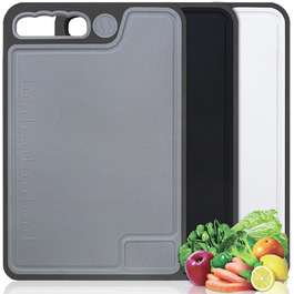 Large Plastic Cutting Board Set of 3, 35 x 23 cm - Kitchen Board Cutting Boards with Juice Grooves & Garlic Press Groove, Non-Slip Cutting Board Black, Breakfast Board for Fruit/Vegetables/Meat