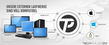 Зовнішній Blu-ray привід techPulse120 UHD 4K 3D M-Disc BDXL USB 3.0 та USB-C, DVD/CD записувач для ноутбука та ПК, Windows/Mac OS, алюміній, сірий