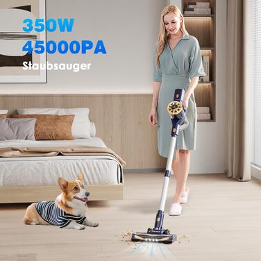 Бездротовий акумуляторний пилосос Vortisys - ручний, 350W, 45KPa, 55 хв роботи, 5-в-1 фільтрація, щітка проти ковтунів, для твердих поверхонь, килимів, шерсті тварин, темно-синій