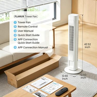 Вентилятор вежовий FLANUR WiFi Alexa, 108 см, 90° осциляція, 4 режими, таймер 12 год, білий