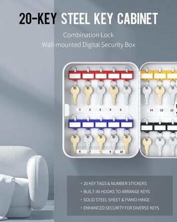 Шкафчик для ключів Uniclife на 60 позицій з комбінацією та ключовим замком, цифровий, з регульованими полицями (20 ключів, білий)