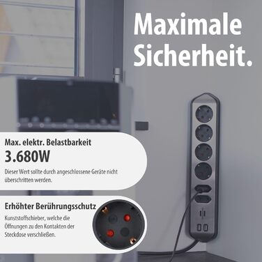 Смуга розеток Brennenstuhl Estilo Ecksteckdosenleiste 6-Fach: 4 розетки з заземленням, 2 Euro-розетки, 2 USB-порти (A), срібно-білий колір