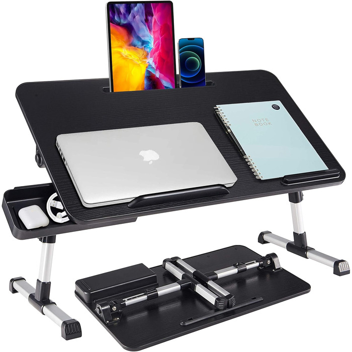 Регульований стіл для ноутбука з ящиком, чорний. Розмір: 23.6' x 13.6' x 9.4-12.6'