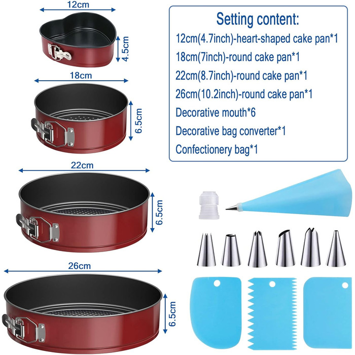 Форма для випічки Tonsooze Springform: 12/18/22/26 см, з антипригарним покриттям, з насадками та силіконовою формою для мафінів, червона