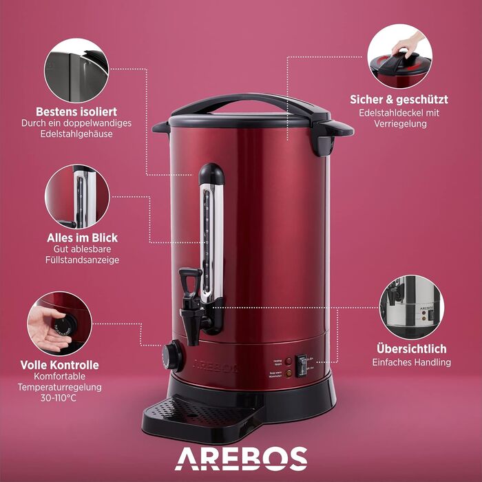 Arebos Hot Wine Heater 1650 W | Hot Beverage Dispenser | 20 L | with drip tray, tap, thermostat and overheat protection | Temperature setting from 30-110 °C (Red)