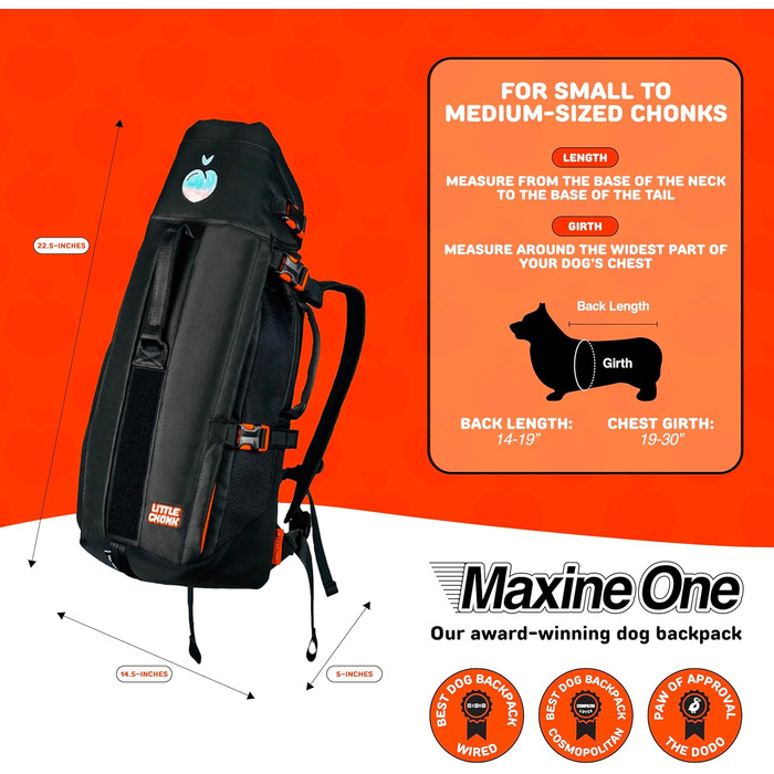 Рюкзак-переноска для собак Little Chonk Maxine One Medium, чорний, для середніх порід, регульований, для подорожей та хайкінгу
