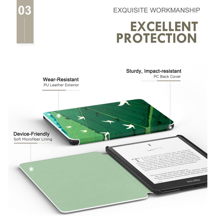 Чохол MoKo для Kindle Paperwhite 12th Gen (2024) та Kindle Colorsoft Signature Edition (2024), PU шкіра, авто-сон/пробудження, сірий ліс (зелена трава та птах)