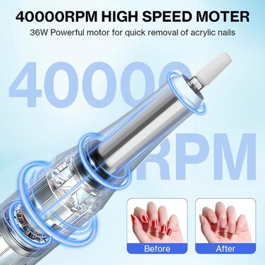 Електрична шліфувальна машинка для нігтів, професійна, 40000 об/хв, LCD манікюр/педикюр, набір з багатофункціональною базою, портативна, з підсвічуванням, сенсорне керування (Світло-блакитний)