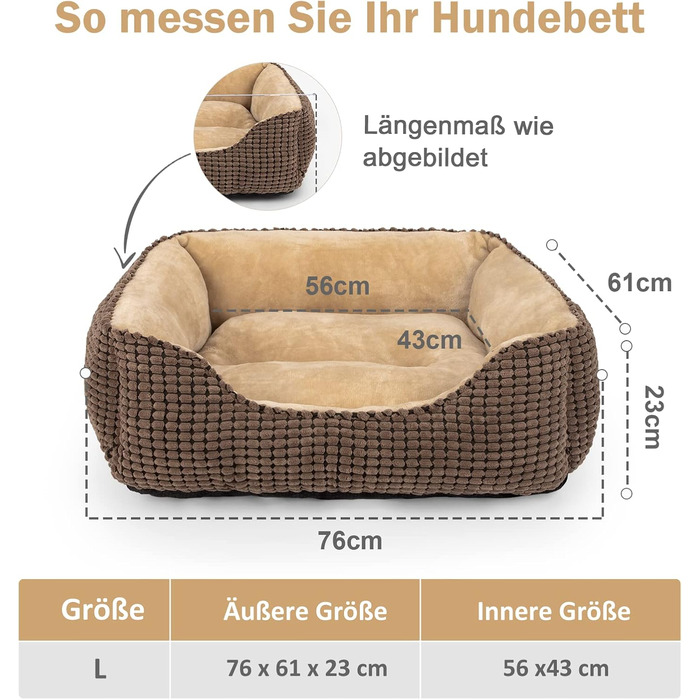 JOEJOY Dog Bed, Medium-Sized Dogs, Washable Dog Basket, Fluffy, Non-Slip Plush Dog Bed, 63x53x20cm, Dog Beds for Small and Medium Dogs and Cats (L 76 x W 61 x H 23 cm, Brown)
