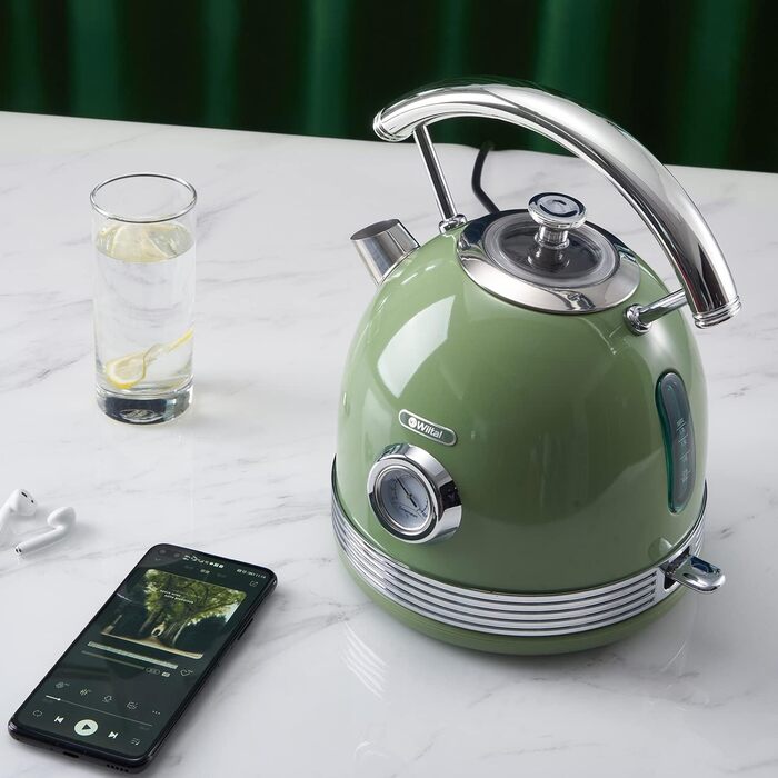 Ретро чайник з нержавіючої сталі, електрочайник та тостер-сет, 2200 Вт, 1,8 л, для чаю, кави, дитячого харчування, без BPA. Зелений вінтажний дизайн