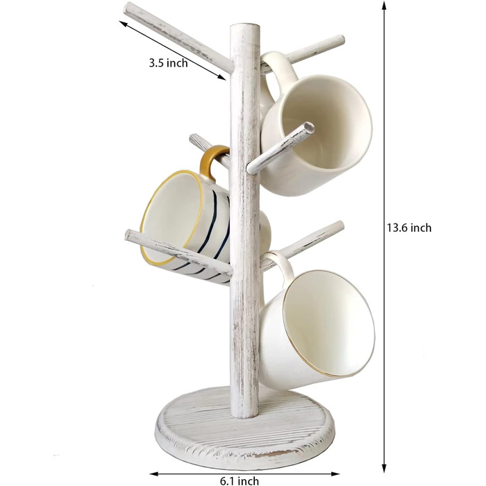 Dorho Cup Holder, Tree, Coffee Cup Holder with 6 Hooks, Wooden Cup Holder for Countertop, Coffee Bar Accessories and Organizer Station, White (Rustic White)