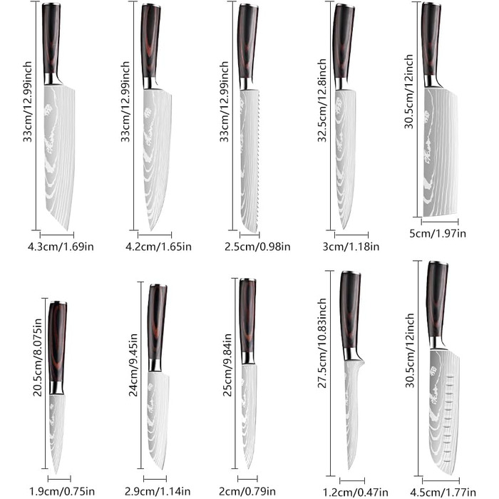 Набір ножів Dfito, 8 предметів: гострі ножі з нержавіючої сталі різних розмірів з зручними ручками. Набір кухонних ножів: гострі, стійкі до корозії, з нековзним покриттям, D8 (10 шт.)