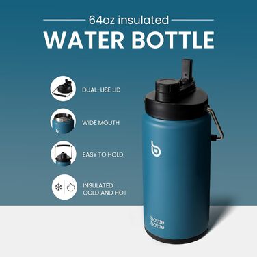 BOTTLE BOTTLE Insulated Stainless Steel Water Bottle 64oz (1.8L) with Straw, Lid, Handle & Pill Compartment – BPA-free, Leak-proof, Ideal Water Bottle for Sports, Fitness, Hiking & Outings (Dark Blue)