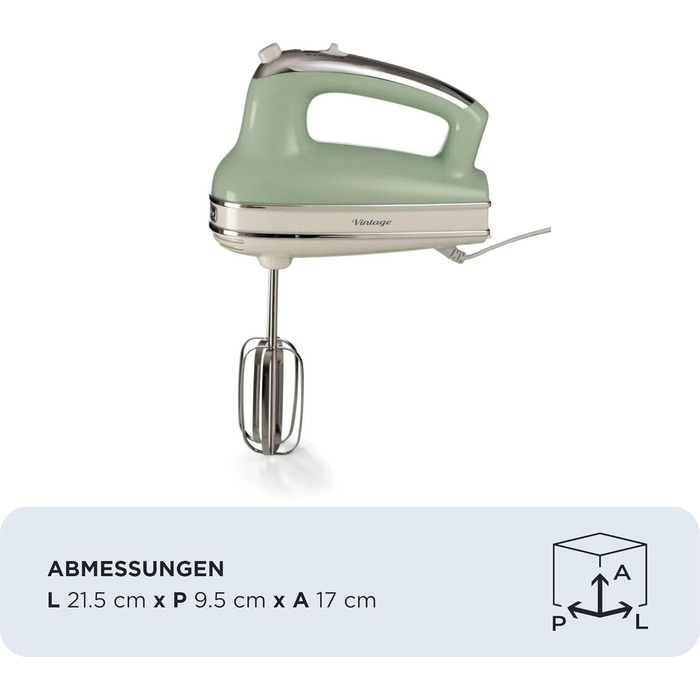 Ручний міксер Ariete Vintage 1548, 450W, 5 швидкостей, Turbo, 2 насадки, для тіста та збивання
