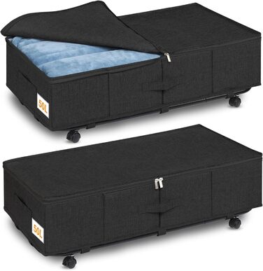 Підліжкова комода на колесах 50л, 2 шт. Складна підліжкова комода з кришкою та блискавкою, велика підліжкова система зберігання на колесах чорного кольору з металевою основою для одягу, ковдр, постільної білизни