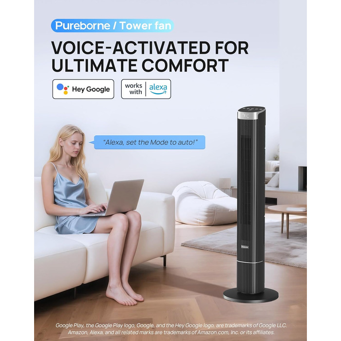 Вентилятор Pureborne Leiser: Турбо-вентилятор з осциляцією 90°, Wi-Fi, пульт, 4 режими, таймер 12 год, чорний, 102 см