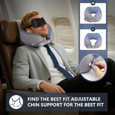 Подушка для шиї у літак, доросла, регульована, з піною з пам'яті, ергономічний дизайн, з чохлом, маскою для очей та навушниками