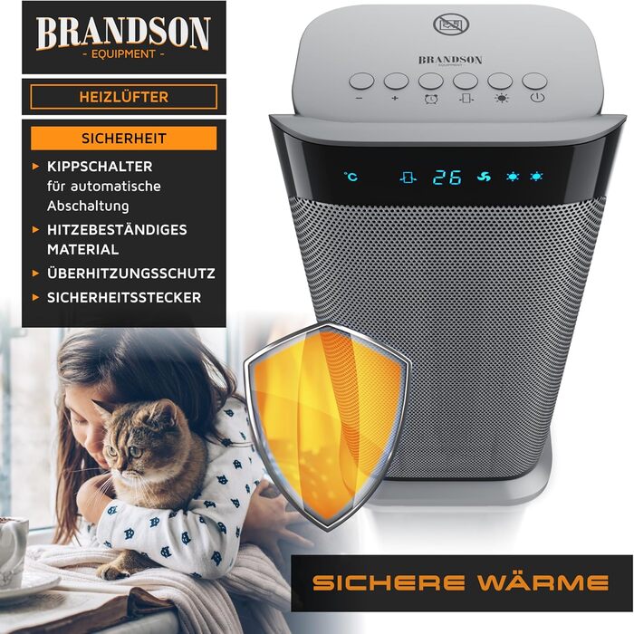 Керамічний обігрівач Brandson 2000 Вт з дистанційним керуванням, енергоощадний, тихий, для ванної, з осциляцією, срібний, сертифікат GS, переможець 2024