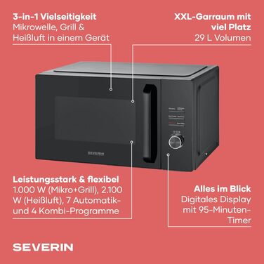 Мультифункціональна мікрохвильова піч Severin Crispy Wave 4-в-1 з конвекцією, грилем та аерофритюрницею, 25л, 2150 Вт, нержавіюча сталь, MW 7982