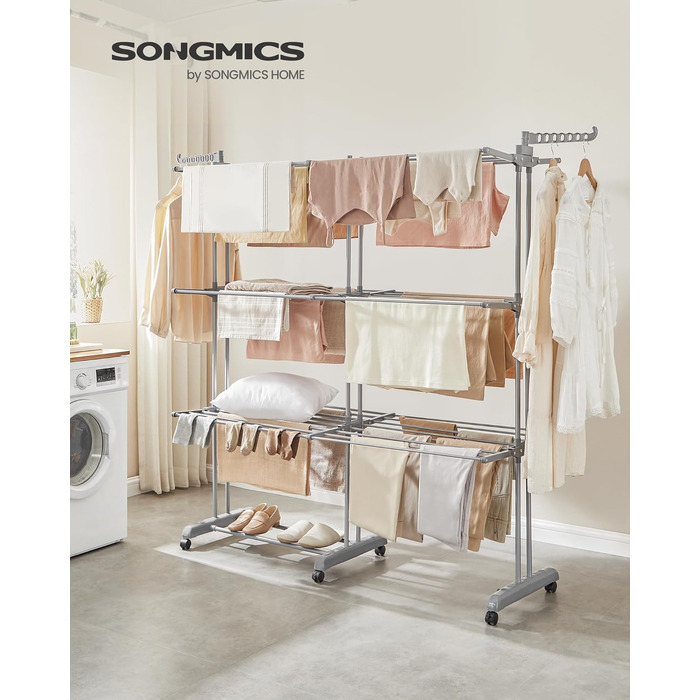 Розсувна сушарка для білизни SONGMICS BUNJI LLR704G01, 4 яруси, з колесами та складаними крилами, сіро-голуба, 63.5 x (131-200) x 177.5 см