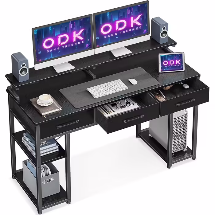 ODK Desk with Drawers, Computer Desk with Shelf, 120x50x90cm Gaming Desk with Monitor Stand, Black Desk, Office Desk, PC Desk for Home Office, Office, Living Room 120 x 50 cm Black