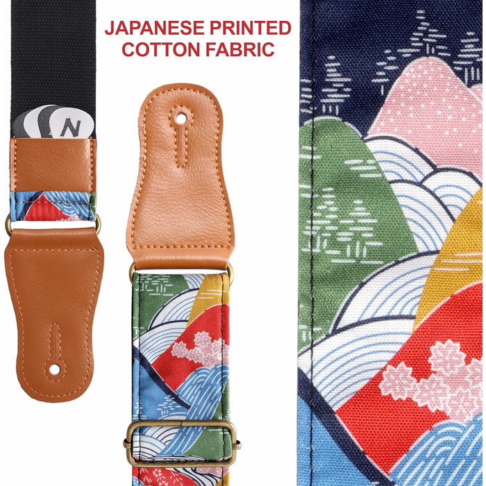 Японський гітарний ремінь Nefelibata з бавовни для акустичної гітари, укулеле, адаптер для голівки грифа в подарунок, медіатори та замок для ременя, регульована довжина 38'-64' (Бурхливі гори)