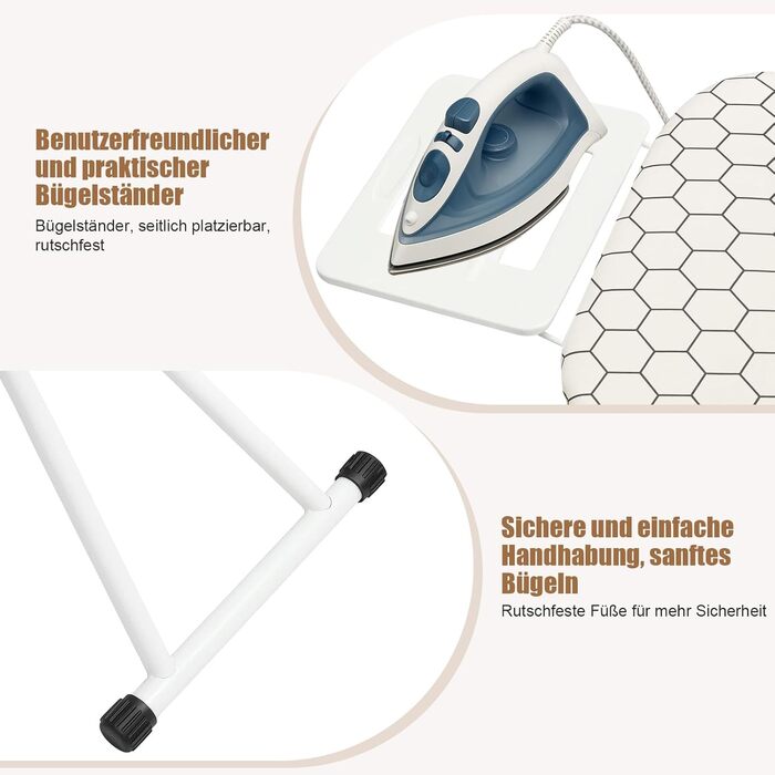 Прасувальна дошка 110 x 38 x 64-77 см, регульована по висоті, з антиковзкими ніжками та чохлом з бавовни, з підставкою для праски (біле в квадратик)