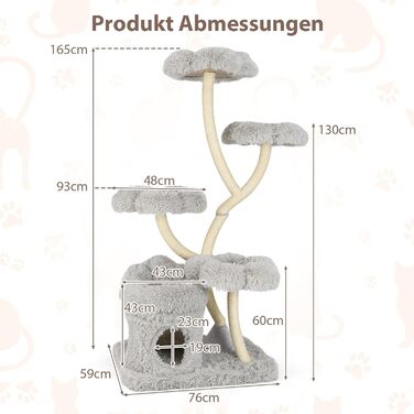 Дерев'яна кігтеточка для котів COSTWAY 165 см з 4 лежаками, печерою та сизалевими стовпчиками. Міцний каркас з металу, сірий колір.