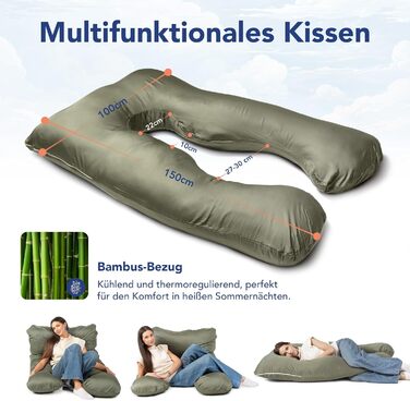 Подушка ортопедична MKS KomfortKissen ORIGINAL для сну на боку, 100x150 см, бавовна/бамбук (хакі) - проти болю в спині