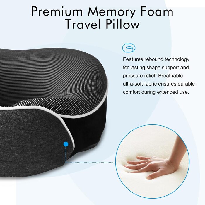 Подушка для шиї Milado для подорожей у літаку, з піною з пам'яті, комплект з масками для очей (темно-сірий)