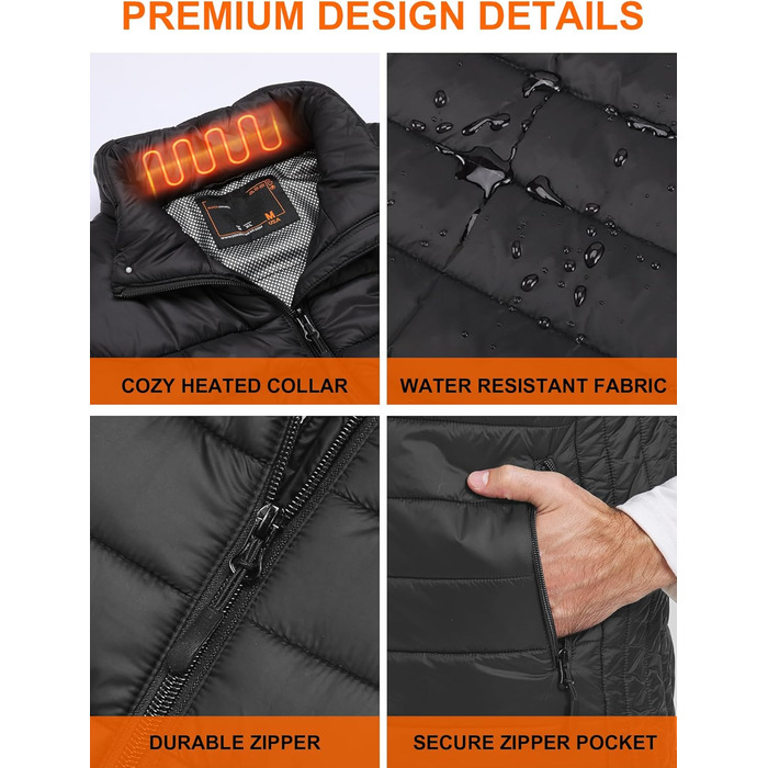 Обогревна жилетка для чоловіків та жінок, жилетка з підігрівом з акумулятором 10000 mAh та 5 зонами підігріву, для катання на лижах та полювання, чорний колір