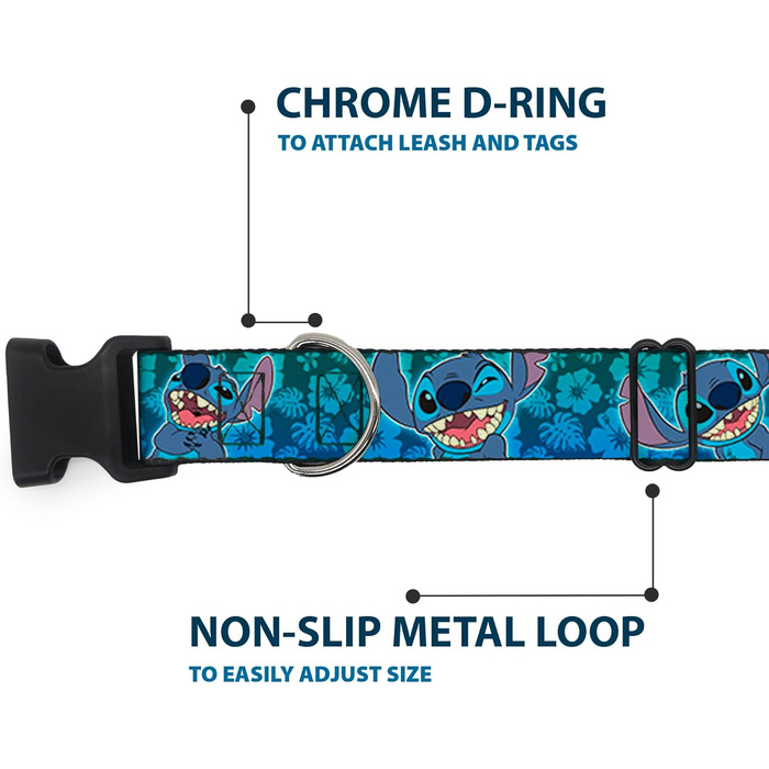 Нашийник Buckle-Down з пластиковим затискачем - Stitch Expressions/Колаж гібіскусу зелено-блакитний градієнт, ширина 2.5 см, підходить для шиї 38-66 см - Великий