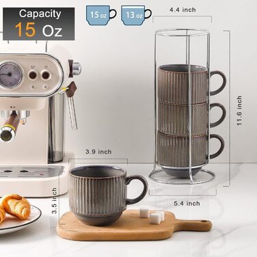 Набір кавових чашок Hasense з кераміки (4 шт.) з підставкою, 425 мл, великі ребристі чашки для лате, капучино, чай, гарячий шоколад, мийка в посудомийній машині, коричневі