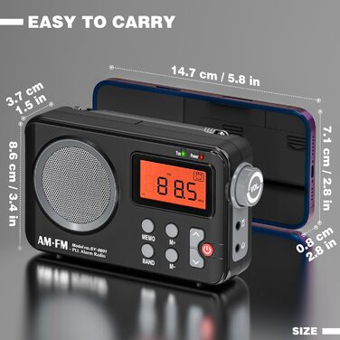 Радіо Tenda FM/UKW/AM з великим дисплеєм, таймером та будильником - транзисторне радіо з живленням від USB/батареї, чорне