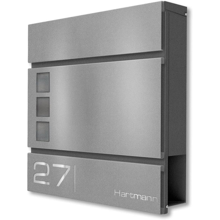 Поштова скринька Metzler Cube антрацит RAL 7016 з лазерним гравіюванням (адреса та номер будинку) та відділенням для газет. Розмір 37x37x10.5 см, колір: сірий алюміній RAL 9007